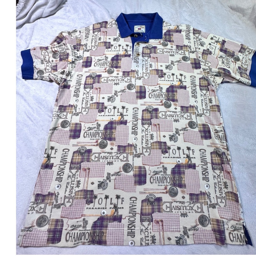 Cutter & Buck Mens XXL Golf Championship Print Polo Shirt Blue Cream Vintage